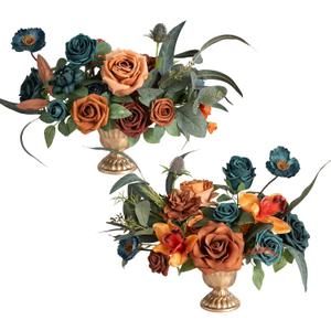 Ling's Moment Dark Teal & Burnt Orange Artificial Flowers with Vase Wedding Decor Centerpiece Flower Potted for Ceremony Reception Tabletop Desk Flowers Mantel Archway Aisle, Fake Flowers Set of 2
