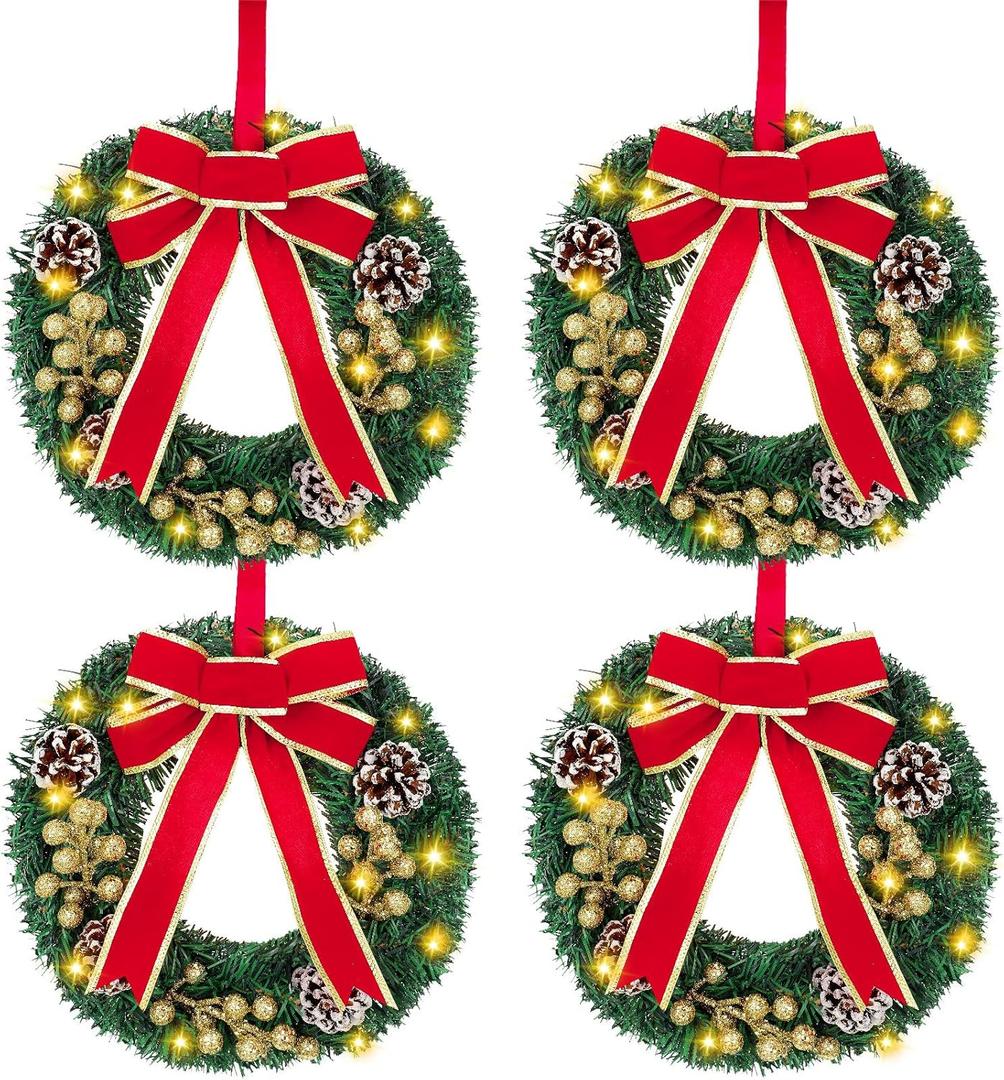 1 Pc Lighted Christmas Wreaths, 12 Inch Pre Lit Small Xmas Wreath with Large Bow, Pine Needle Wreath with LED Lights Battery Operated Xmas Ornaments for Front Door Wall Christmas Party Decor(Gold)