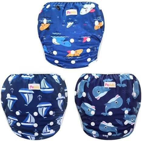 Pedobi Reusable Baby Swim Diapers, Adjustable Diaper Swim for Toddlers 9 Months - 3 Years Old, 3 Pack for Swimming Lessons (Whale Shark Sailboat, Large)