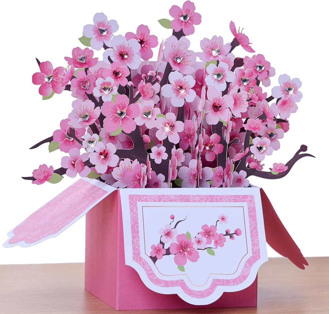 3D Pop Up Cherry Blossoms Cards, Birthday Cards with Colorful Rhinestones, Flower Bouguet 3D Pop Up Birthday Gift Card for Women Wife Mom Daughter Sister