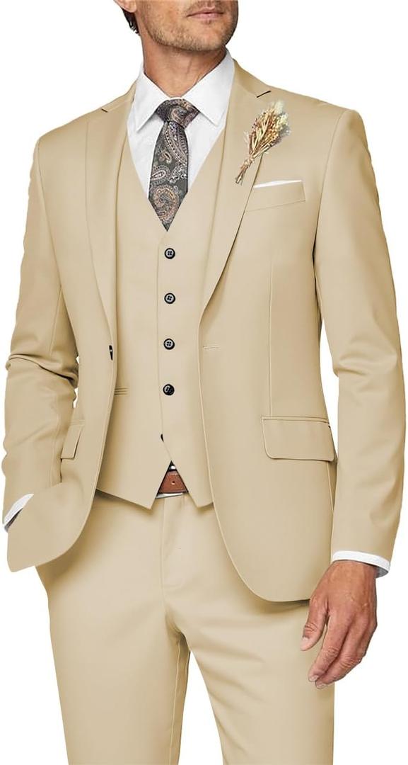 Wangyue Men's Suit 3 Piece Slim Fit Suit for Men Formal Business Suit Wedding Groom Prom Tuxedo Dinner Party (Champagne, XL)