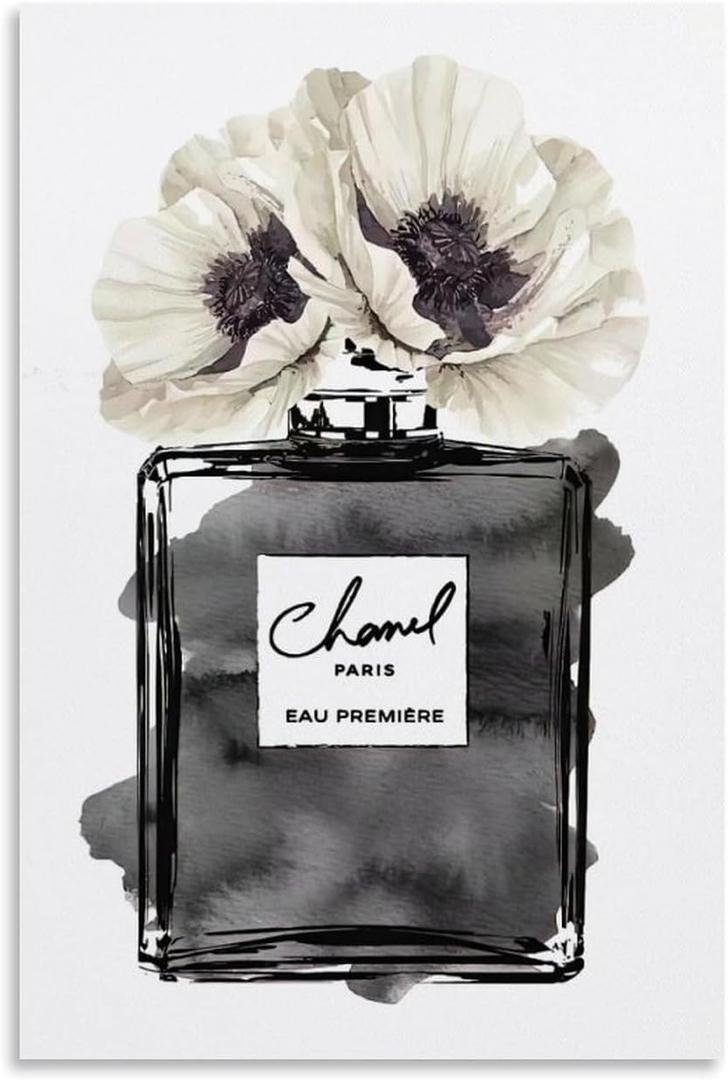 WEboL Fashion Perfume Bottle Black With Grey & White Poppy Decorative Painting Canvas Wall Art Picture Print Modern Family Bedroom Decor 16x24inch(40x60cm), style-4