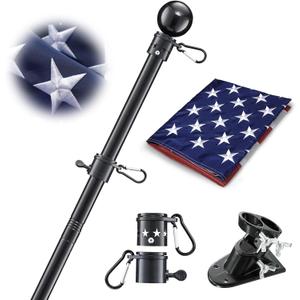 House Flag Pole With American Flag - Flagpoles Residential Kit with 6ft Tangle Free Metal Flag Pole,3x5 Embroidered US Flag,Holder Bracket,Heavy Duty Flag Poles for Outside House,Porch,Outdoor-Black