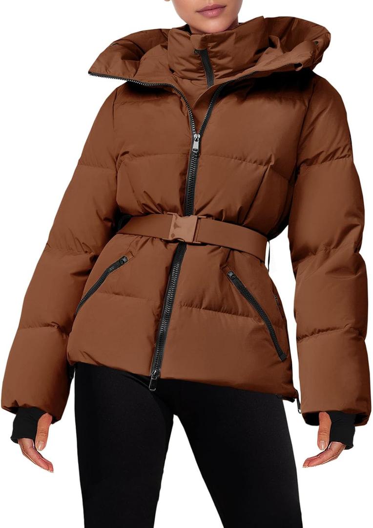 Fisoew Womens Ski Jacket Warm Hooded Insulated Waterproof Quilted Puffy Mountain Snow Winter Coat with Belt (X-Large, Coffee)