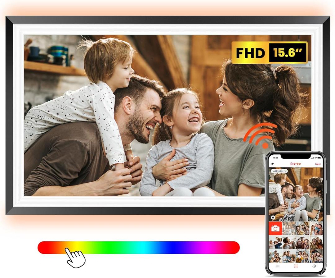 Frameo 15.6" Large Digital Picture Frame with LED Light 1920 x 1080 IPS FHD Touch Screen WiFi Electronic Photo Frame 32GB Memory Auto-Rotate Slideshow Wall-Mounted Share Photos/Video Remotely Anywhere