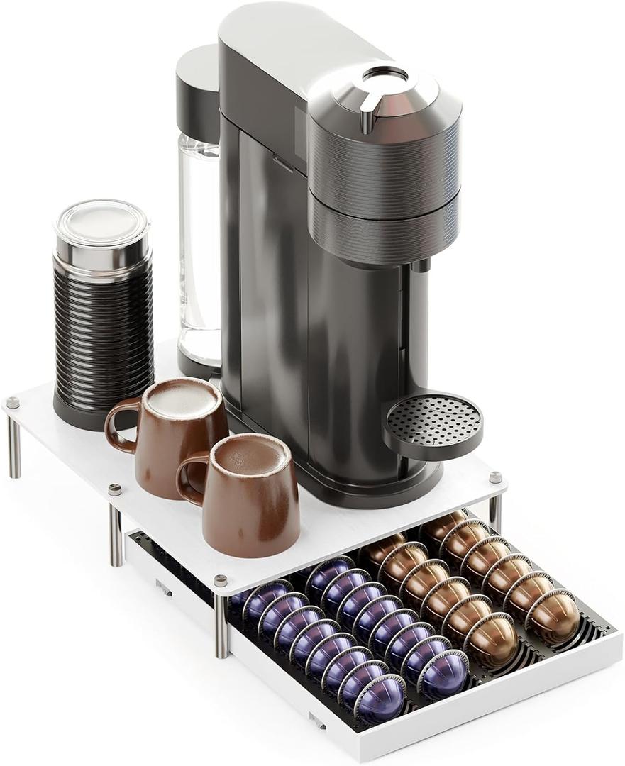 SpaceAid Bamboo Coffee Pod Holder Drawer Storage Compatible with Nespresso Vertuo Capsules, Coffee Station Accessories Holder Organizer Tray Compatible with 40 Big or 56 Small Pods, White (12.8"W x 15.6"D)