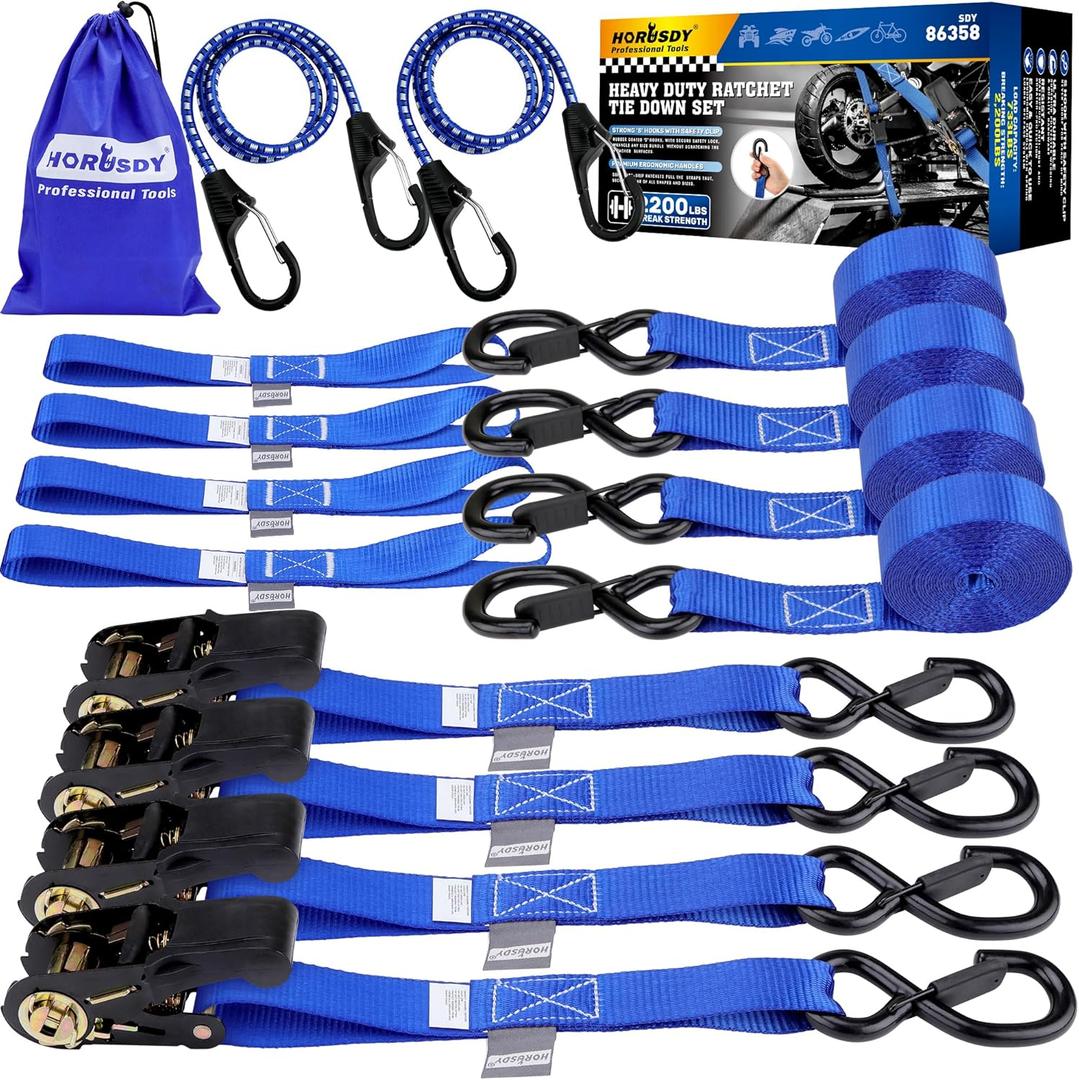 Ratchet Straps Heavy Duty, Tie Down Straps Ratchet Set, 2200 LB Break Strength, Safety Lock S Hooks, Best for Moving, Securing Cargo, Kayaks, Mountain (4 Pack)