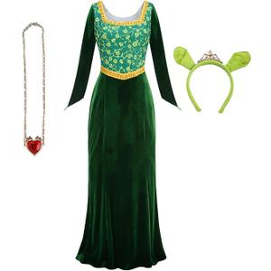 Princess Fiona Costume for Women Adult Halloween Cosplay Green Velvet Dress with Crown Necklace Full outfit, XL