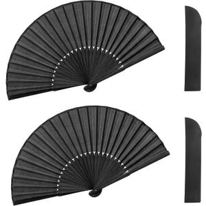 5 x Quacc 2 PCS Black Folding Hand Held Fans Light Strong Thin Fabric Chinese Handheld Tai Ji Fan for Men and Women, Wedding, Dance, Kungfu, Martial Art, Decorations, Party Favor, Gift