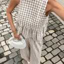 Womens Gingham 2 Piece Set Sleeveless Ruffle Tank Wide Leg Pants (Beige, M)