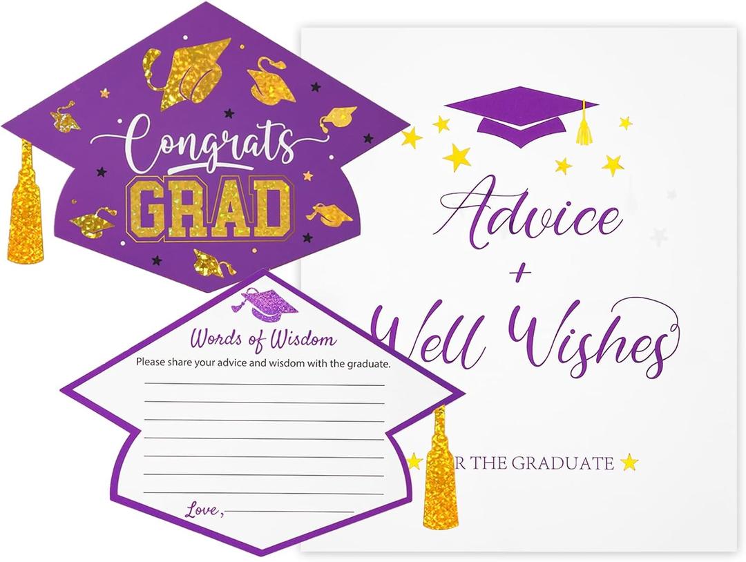 Graduation Advice Cards for The Graduate with Sign, 50PCs Holographic Gold Foil Graduation Wish Card for High School College, Well Wishes Cards for 2025 Decorations Grad Celebration Party(Purple)