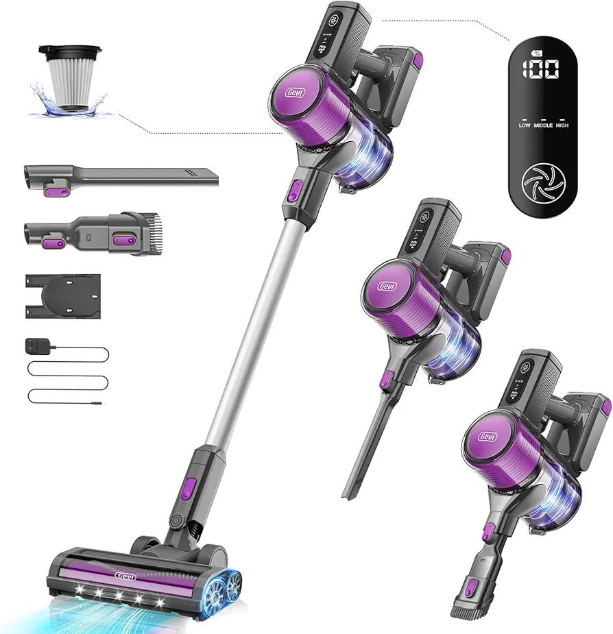 Gevi Cordless Vacuum Cleaner for Home, Stick Vacuum with Powerful Suction Design, LED Display, Long Runtime Detachable Battery, Deep Clean for Hard Floor Carpet [2024 Upgraded]