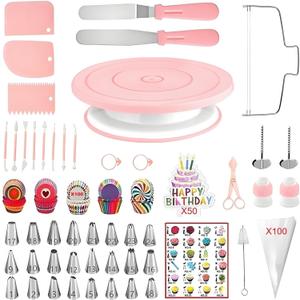 298 Pcs Cake Decorating Kit with Cake Turntable,Leveler,24 Numbered Icing Tips,2 Spatulas,3 Comb Scrapers,8 Carved Pens,100 Pastry Bags,100 Paper Cupcake Liners & More Baking Tools, (Pink)