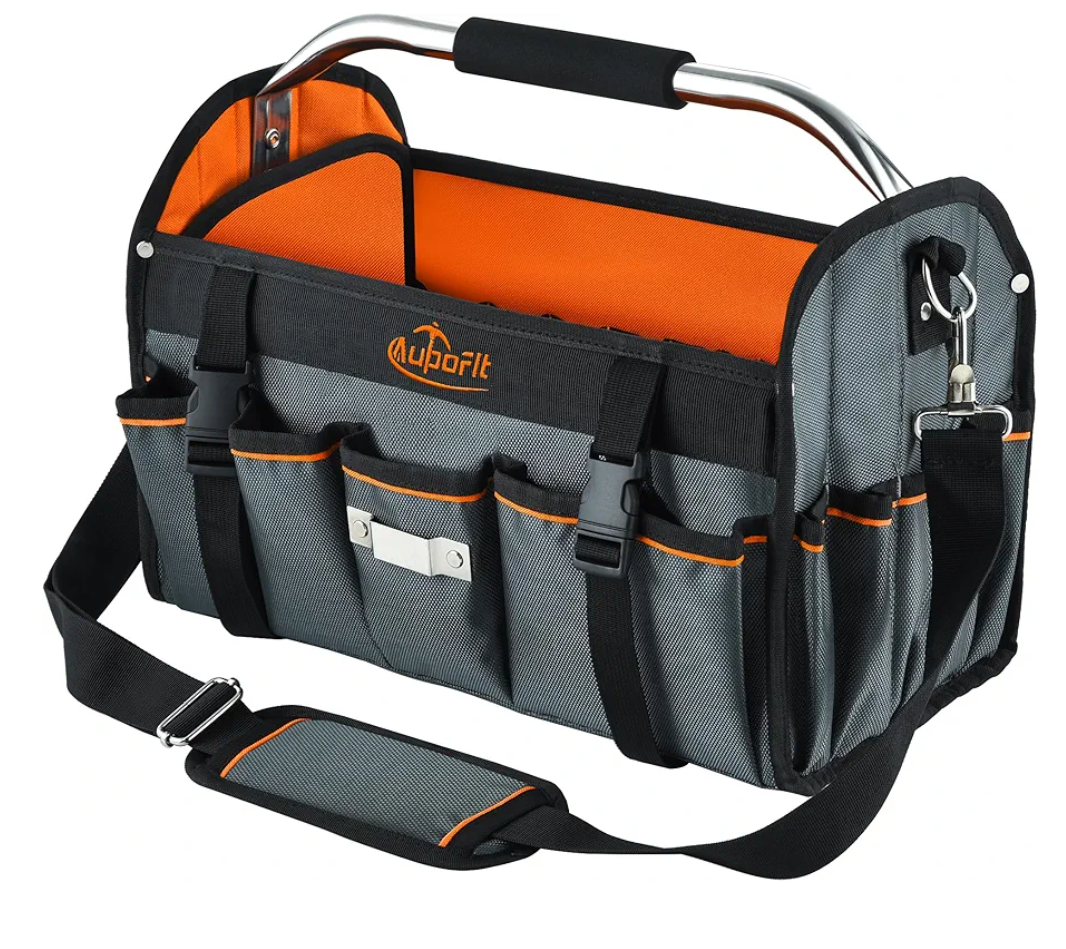16 Inch Open Top Tool Bag, Thick 1680D Fabric, Foldable 29 Pockets Tool Tote Bags with Stainless Steel Handle & Padded Shoulder Strap, Easy Carry and Easy Tool Access