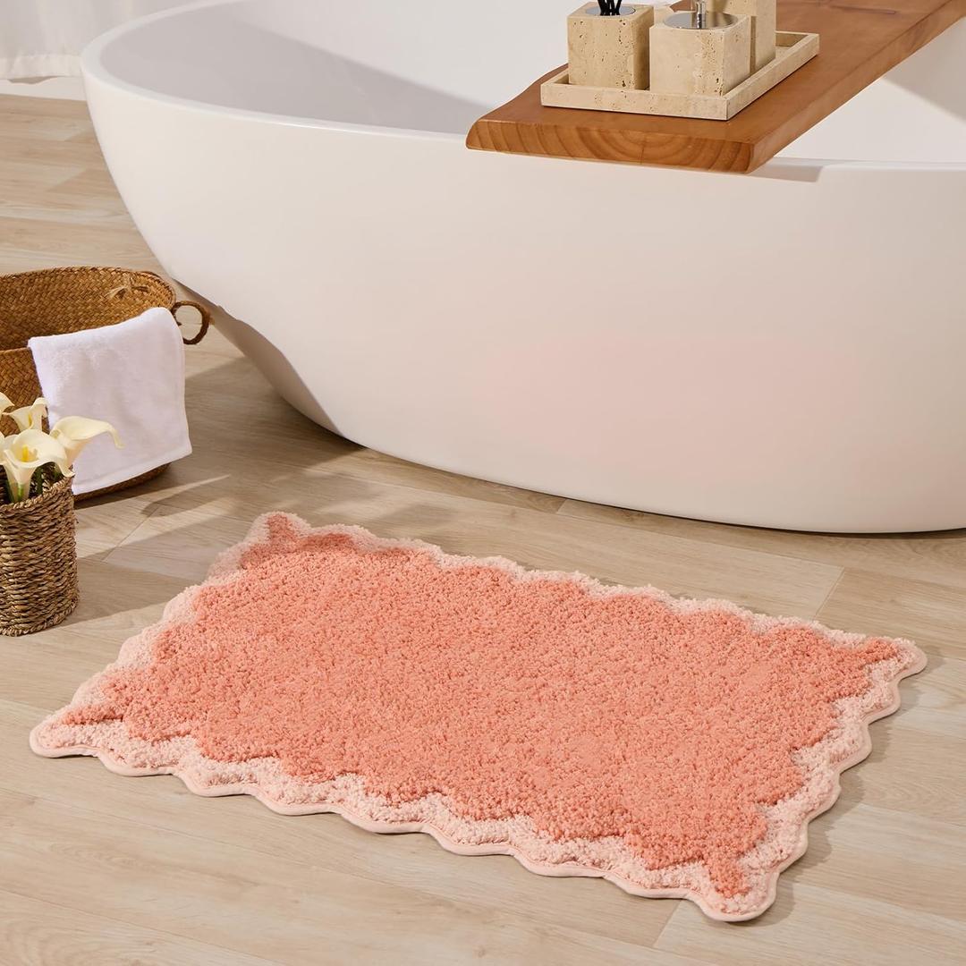 ORTIGIA Cute Coral Pink Scalloped Bath Mat, Fun Plush Microfiber Scallop Bathroom Rugs Non Slip Washable Quick Dry Absorbent, Bath Rug Carpet for Shower Stall Vanities Kitchen Floor Entrance, 20x32, 1'8" x 2'8"