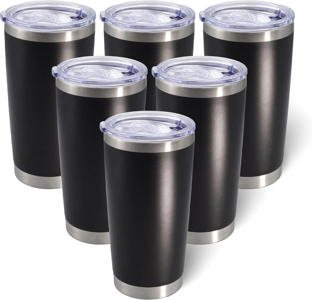 20oz Tumbler Bulk Stainless Steel Tumblers with Lid Vacuum Insulated Double Wall Travel Coffee Mug Powder Coated Tumbler Cup for Hot and Cold Drinks(Black, 6 pack)