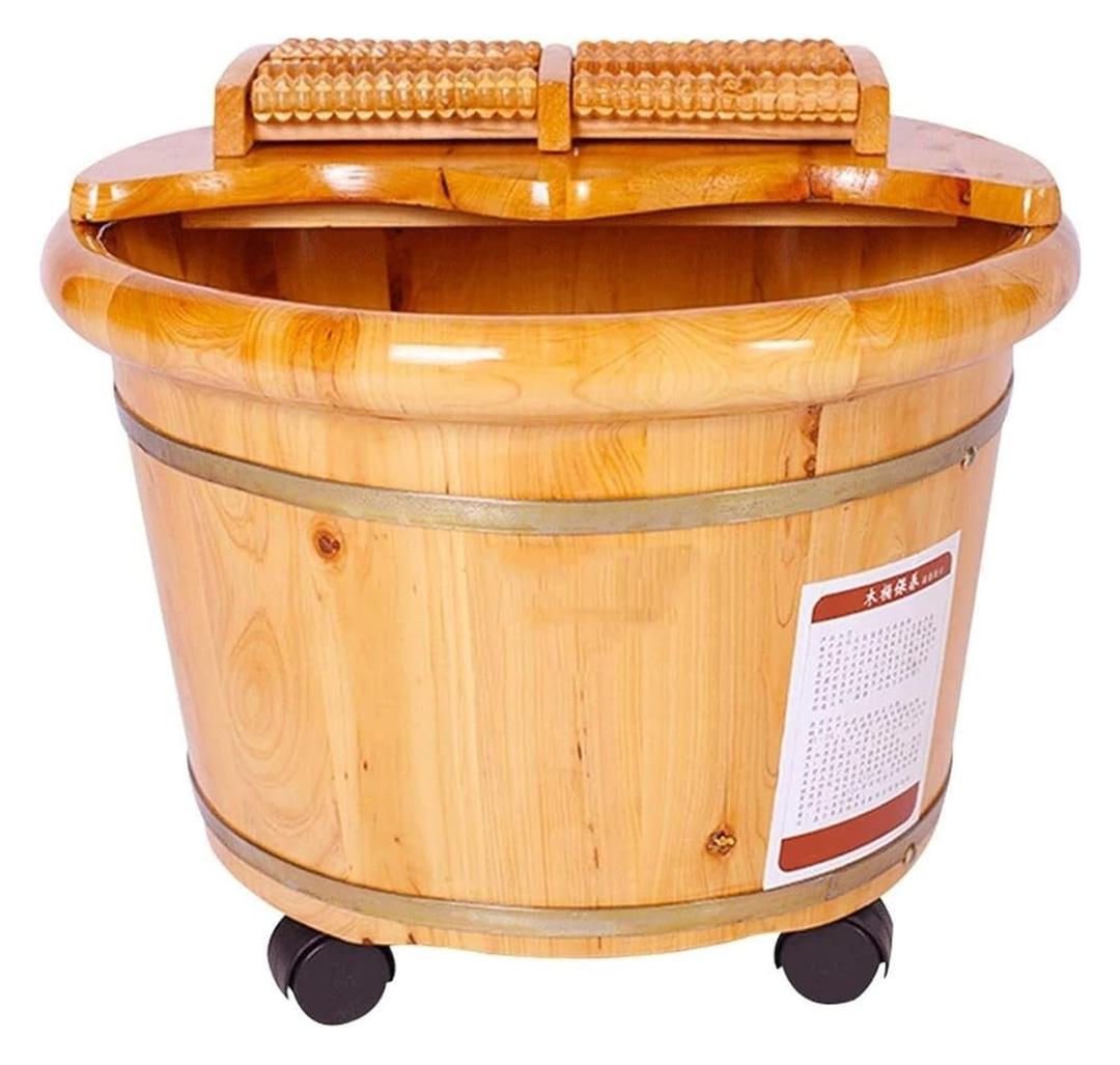 Wooden Foot Bath with Wheels,Wooden Foot Basin with Lid,Wood Foot Bath Bucket,Tina para Pedicure Tub Foot Spa MassageHousehold Thicken Foot Soak Tub