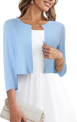 Women's 3/4 Sleeve Open Front Knit Cropped Bolero Shrug Cardigan Sweater for Women, M, Blue