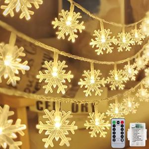 Christmas Snowflake Lights, 20ft 40LED 8 Modes & Timer Battery Operated Snowflake Decorations with Remote Control, Fairy Lights for Indoor Outdoor Holiday Party Decorations (Warm White)