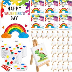 Sabary 32 Sets Valentines Party Favors for Kids Class Valentines Day Gifts Mini Watercolor Paint Set with Easel Valentine Card Painting Canvas Panel Brush for Preschool Classroom Prize Exchange
