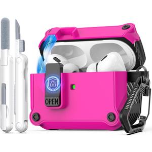 R-fun Compatible with AirPods Pro 2nd Generation 2023(USB-C),2022(Lightning Cable),1st Gen 2019 Charging Case, Full Drop Protection Auto Pop-Up Lid Design with Cleaner Kit,Black/Rose Pink (AirPods Pro Case, B-Rose Pink)