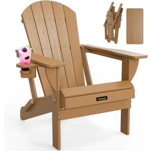 Plastic HDPE Adirondack Chair, Folding Adirondack Chair Weather Resistant with Cup Holder, Wooden Textured Fire Pit Outdoor Chair for Garden, Porch, Lawn, Backyard, Supports 380LBS, Teak (Pack of 1)
