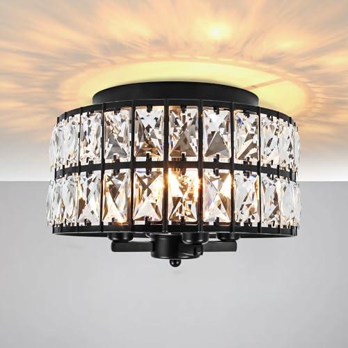 JWLUYN Black Crystal Flush Mount Ceiling Light, 11.22" 4-Lights Black Dining Room Light Fixtures with E12 Base, Modern Close to Ceiling Light Fixture for Bathroom, Hallway, Kitchen, Bedroom, Entryway