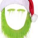 Q1nopo 3PCS Monster Cosplay with Furry Beard for Adults, Kids' Santa Hat with Beard, Monster Hat with Eyebrows for Christmas Party, Furry Green Costume