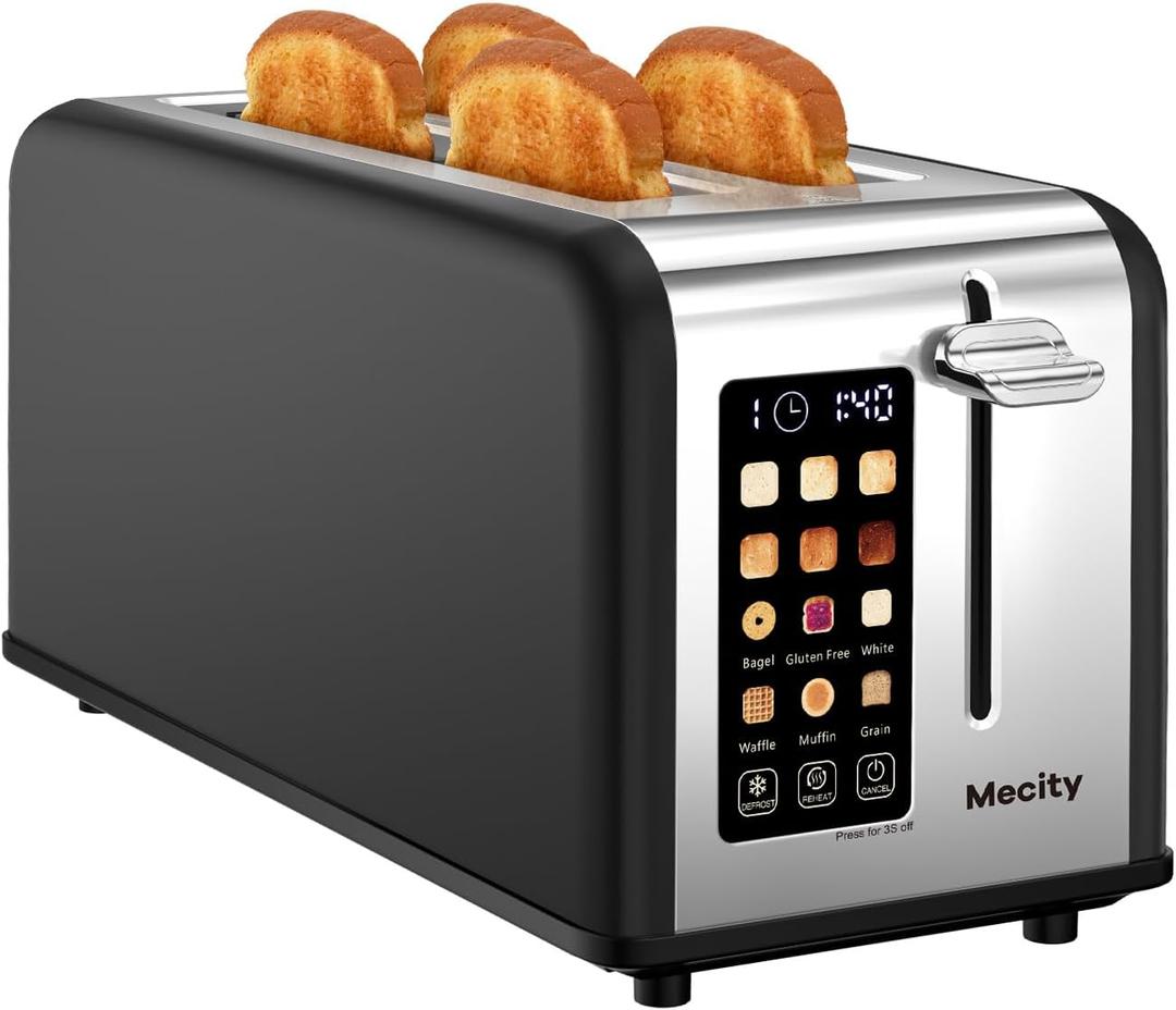 Mecity 4 Slice Toaster with Touchscreen Long Slot, Stainless Steel Smart Bread Toaster for Bagel Muffin Waffle Gluten Free Breads, Timer, Defrost, Reheat, 120V 1400W (Matt Black)