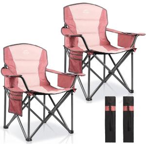 2 Pack Padded Oversized Camping Chairs for Adults,Heavy Duty Support 400 Lbs,Folding Portable Lawn Chair w/Cup Holder,Cooler Bag,Side Pocket,Perfect for Outdoor Picnic,Hiking(Pink), 32.5 x 24 x 39.8 inches