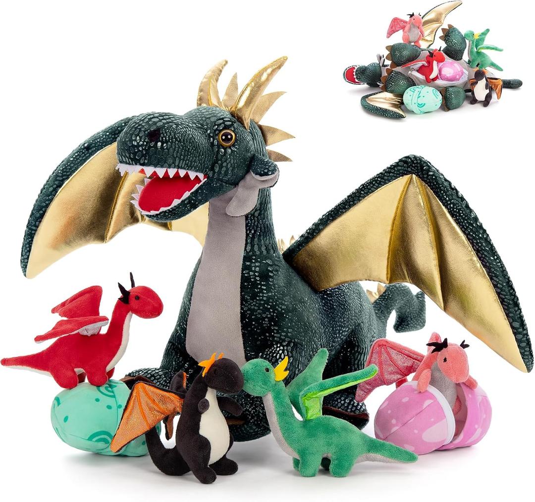 7Pcs Giant Dark Green Dragon Plush Toy, 21.7" Big Mother Dragon Stuffed Animal with 4 Babies & 2 Eggs, Stuffed Dinosaurs for Kids Boys Girls, Cute Soft Plushies Gift for Birthday Christmas