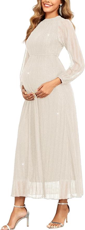AISWI Maternity Sparkly Dress Halter Neck A Line Long-Sleeve Raglan Pregnancy Dresses Semi Formal Baby Shower Photoshoot
Size M