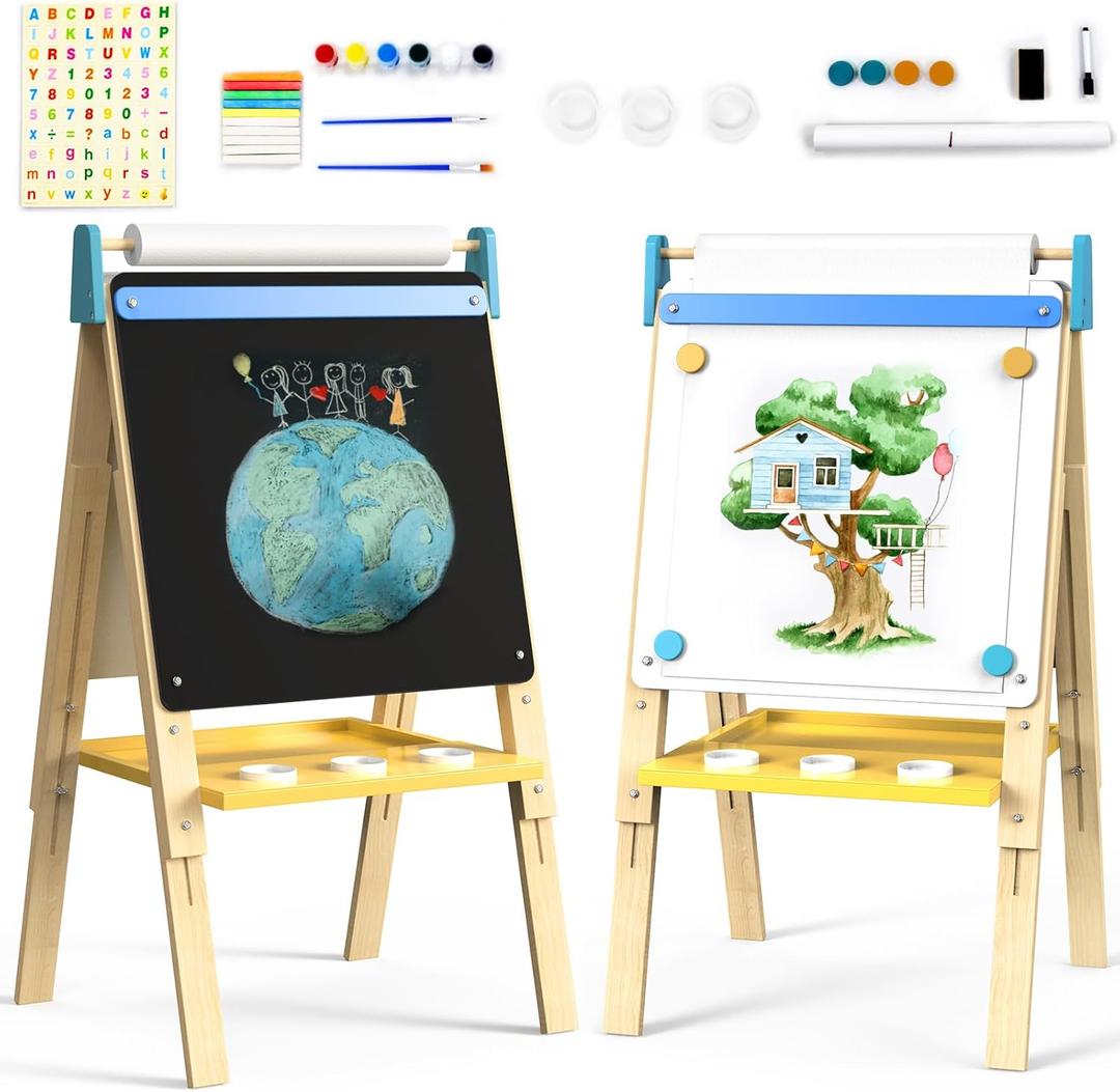 Art Easel for Kids 12 in 1 with Chalkboard & Magnetic Whiteboard - Height Adjustable, Frameless Design, Includes Paints, Brushes, Markers, Chalk, Eraser, Magnetic Letters, Paper Roll, and Storage Tray