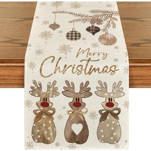 Artoid Mode Deer Snowflakes 210 GSM Merry Christmas Table Runner, Seasonal Winter Kitchen Dining Table Decoration for Home Party Decor 13x36 Inch (Brown)