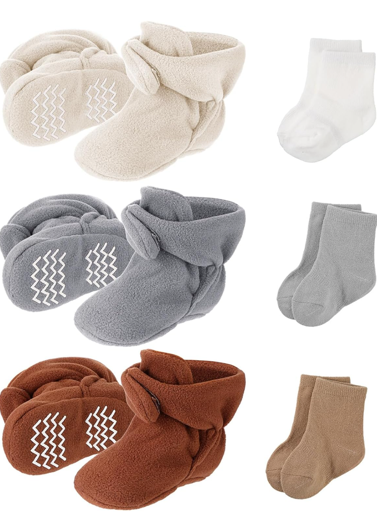 SATINIOR 3 Pairs Unisex Cozy Fleece Baby Booties with 3 Pairs Infant Cotton Socks, 6-12 month, 4,73 inch