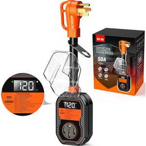 18,000J RV Surge Protector 50 Amp with LED Display, 50 Amp Surge Protector for RV with Voltage Monitoring, Clear Error Codes, Comprehensive Detection, IP68 Waterproof (Orange)