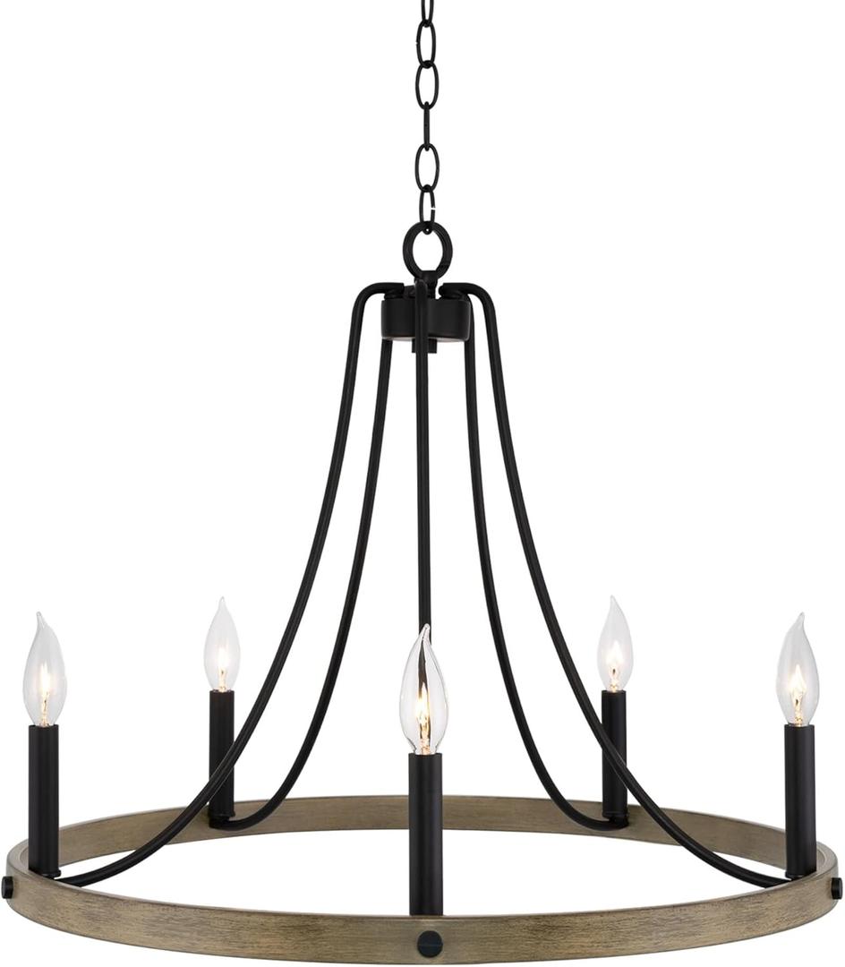 Kira Home Fairbrook 25" 5-Light Rustic Farmhouse Wagon Wheel Chandelier, Round Kitchen Island Light, Smoked Birch Wood Style + Black Finish