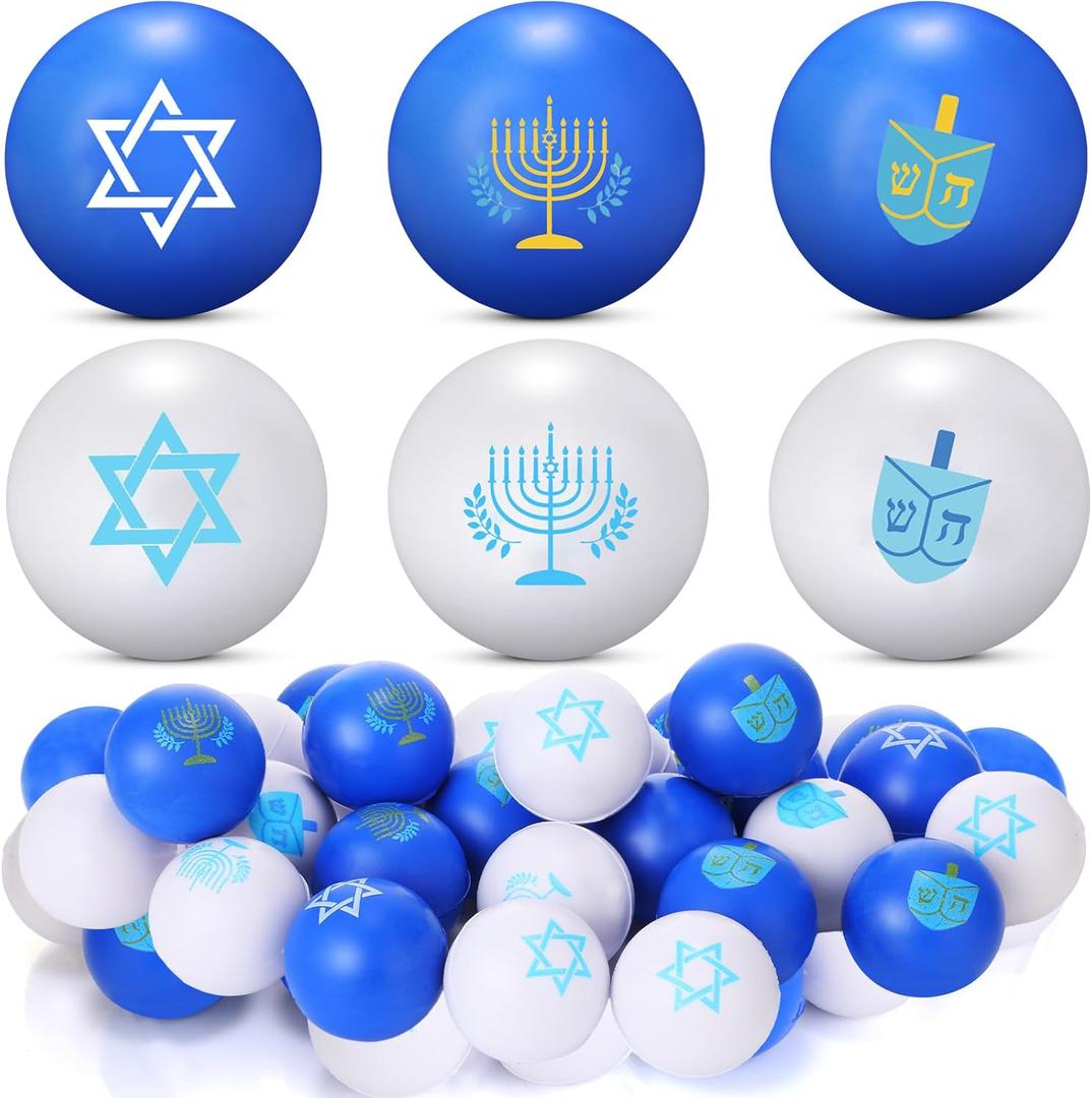 Shappy 24 Pcs Hanukkah Mini Stress Balls 1.57 Inch PU Foam Squeeze Balls for Stress Relief Anxiety Squeeze Fidget Toys for Boys Girls Adults Hanukkah Themed Party Favor Supplies, 6 Styles