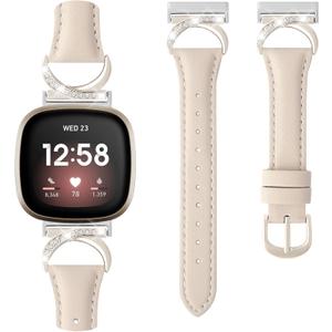 Leather Band Compatible for Fitbit Versa 4/Versa 3/Fitbit Sense 2/Sense, Bling Dressy Watch Strap with C-Shaped Buckle for Women