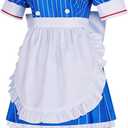 Women Cosplay Costume Blue Maid Dress Uniform Outfit Full Set, 1XL