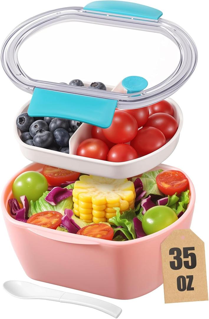2 x Small Salad Container for Lunch-35oz Divided Bento Box Lunch Box for Fresh Meals,Portable Salad Bowls To Go with 2-Compartment Tray Meal PrepLeak Proof Tritan Lid, Dishwasher & Microwave SafePink