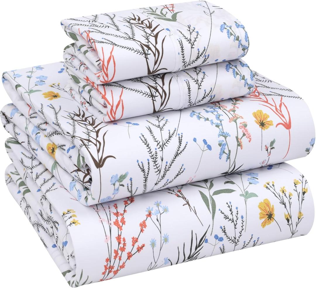 RUVANTI 100% Cotton Sheets Queen Size Set, 4 Pieces, Soft & Breathable Percale Weave Bedding, Deep Pocket 16", Hotel Standard, Crisp Cool Feeling, Durable, Perfect Floral Bed Sheet, Aroma