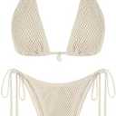 ZAFUL Women's Triangle Bikini Multiway Fishnet Tie Side Bandeau Halter String Bikini Set Two Piece Swimsuit Bathing Suits M