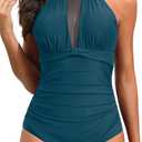 Tempt Me Women One Piece Swimsuit High Neck Plunge Ruched Tummy Control Bathing Suit L