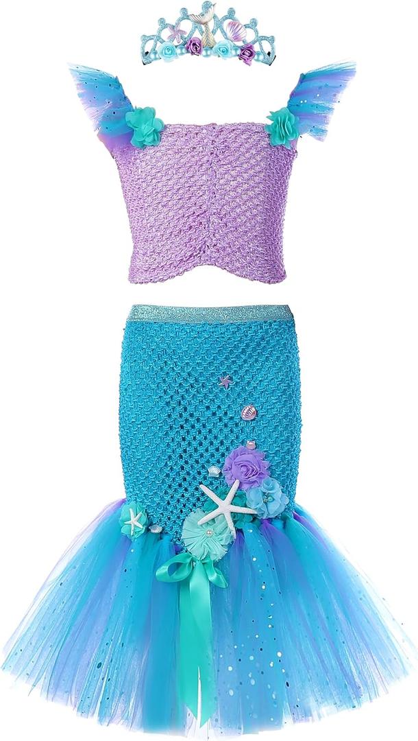 Tutu Dreams Mermaid Dress Outfit for Girls Birthday Halloween Party Dress Up Clothes Gifts (3-4 Years, Light Purple-aqua)