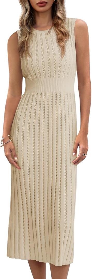Danedvi Women's Knit Midi Tank Dress Sleeveless Ribbed Crew Neck Fall Bodycon Casual Basic Going Out Dresses (Beige), Size Small