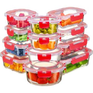 FineDine 24 Piece Glass Storage Containers with Lids - Leak Proof, Dishwasher Safe Glass Food Storage Containers for Meal Prep or Leftovers, Red