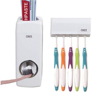 Toothpaste Dispenser and Toothbrush Holder Set, Wall Mounted Automatic Toothpaste Squeezer and Toothbrush Organizer Holder,Restroom Bathroom Accessories (5 Brushes Slots),White