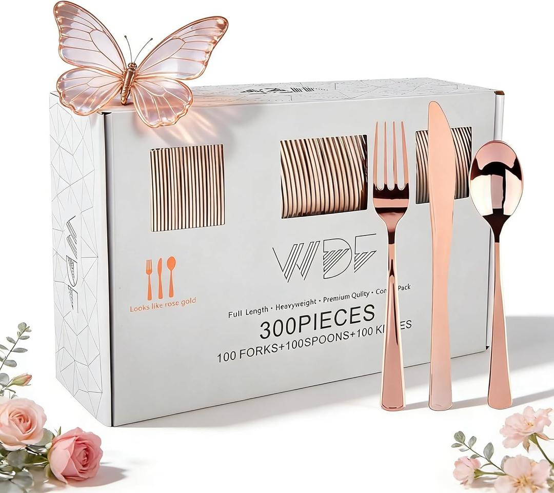 WDF 300 Pieces Rose Gold Plastic Silverware- Disposable Flatware Set - Heavy Duty Plastic Cutlery Includes 100 Forks, 100 Spoons, 100 Knives Perfect for Wedding/Party/Birthday/Mother's Day