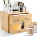 BSSN Face Towel Holder Bamboo Disposable Clean Towels Holder with Cotton Swab Box and 60ct Towels, Wall Mounted & Countertop Skincare Organizer, Bathroom Vanity Storage for Face Tissues & Makeup Pads